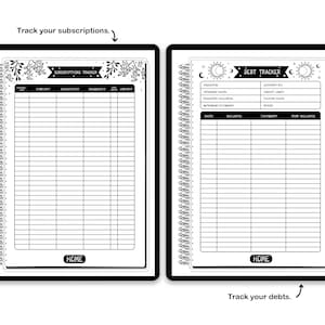 May include: Two spiral-bound planner pages with black and white designs. The left page is a Subscriptions Tracker with columns for date, company, description, frequency, and amount. The right page is a Debt Tracker with fields for creditor, account, interest, and balance.
