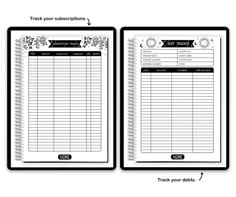 May include: Two spiral-bound planner pages with black and white designs. The left page is a Subscriptions Tracker with columns for date, company, description, frequency, and amount. The right page is a Debt Tracker with fields for creditor, account, interest, and balance.