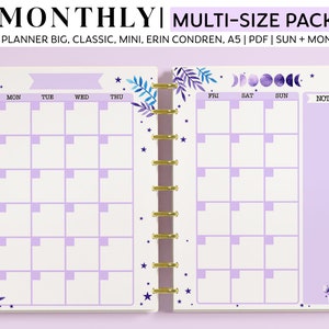 MONTHLY Printable Planner Inserts for Happy Planner Classic, Big, Mini, Erin Condren and A5 Sizes, Moon Phases and Stars, Witchy Aesthetic