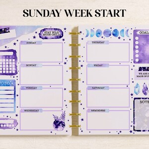 May include: A two-page planner layout with a Sunday week start, featuring purple and blue watercolour celestial themes, moon phases, star patterns, and text including "Stay Wild Moon Child," "Goals," "To Do," "Reminders," and "We Are All Made Of Stars."