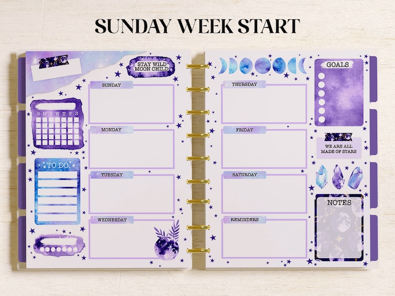 May include: A two-page planner layout with a Sunday week start, featuring purple and blue watercolour celestial themes, moon phases, star patterns, and text including "Stay Wild Moon Child," "Goals," "To Do," "Reminders," and "We Are All Made Of Stars."