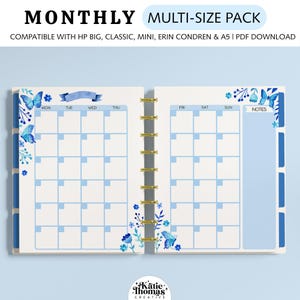 MONATLICHE Monatsplaner Seiten passend für Happy Planner Classic, Big, Mini, Erin Condren und A5 Größen: Blaue Blumen Aquarell Schmetterlinge