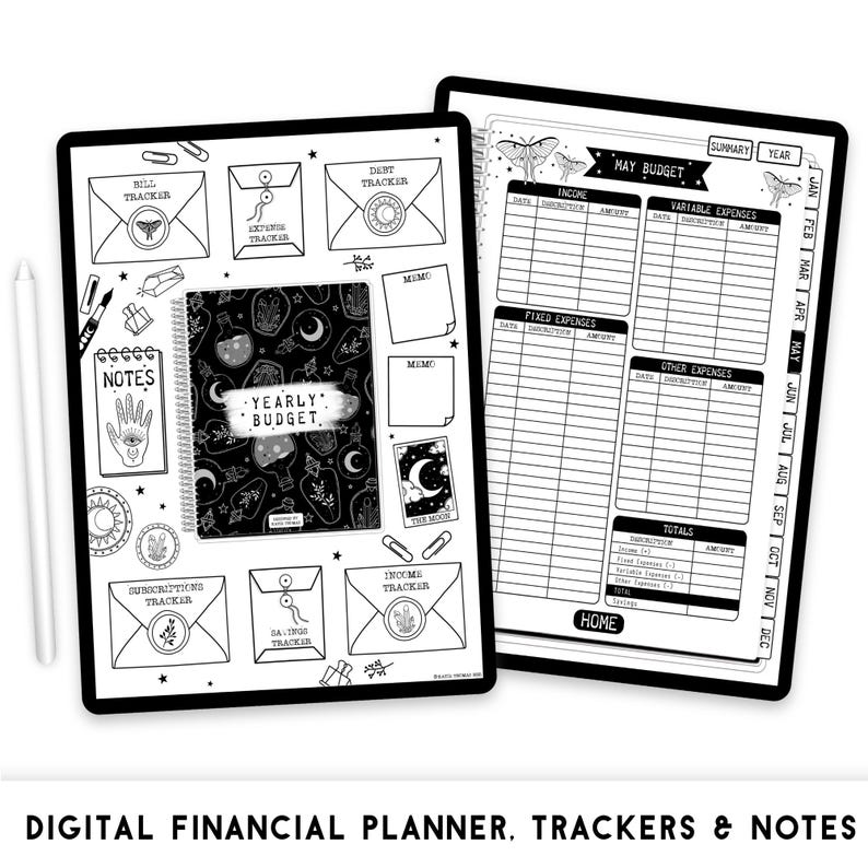 May include: A digital financial planner displayed on two screens, featuring a black and white celestial theme with moths, moons, and crystals. The interface includes sections for bill, debt, income, and expense tracking, along with a May budget page.