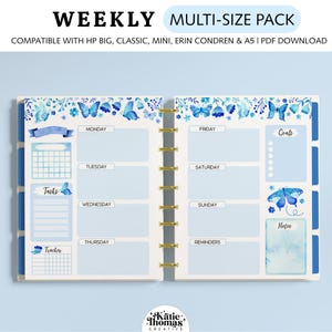 Wochenplaner Einlagen für Happy Planner Classic, Big & Mini, Erin Condren und A5 Size Planner, blaue Schmetterlinge und Blumen