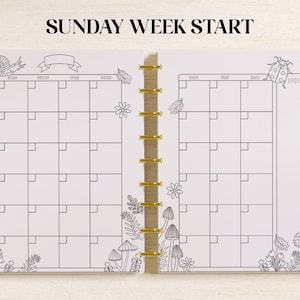 May include: A weekly planner with a white background and black lines. The planner has a floral and mushroom theme with illustrations of mushrooms, flowers, and a snail. The planner has a tab for each day of the week and a notes section. The text "SUNDAY WEEK START" is at the top of the planner.
