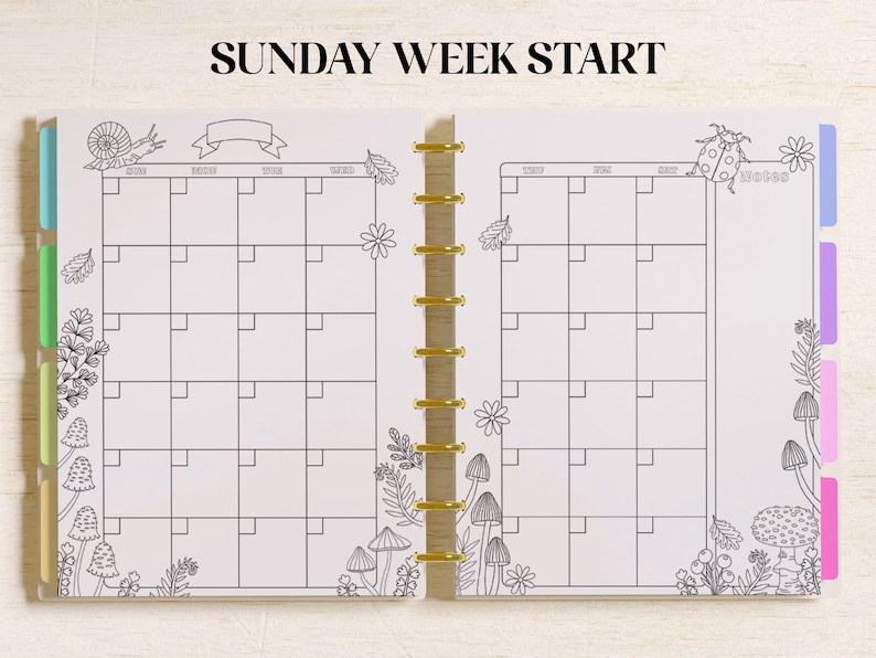 May include: A weekly planner with a white background and black lines. The planner has a floral and mushroom theme with illustrations of mushrooms, flowers, and a snail. The planner has a tab for each day of the week and a notes section. The text "SUNDAY WEEK START" is at the top of the planner.
