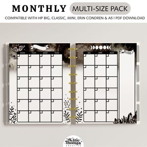 MONTHLY Printable Planner Inserts fits Happy Planner Classic, Big, Mini, Erin Condren and A5 Sizes, Moon Phases and Stars, Gothic Aesthetic