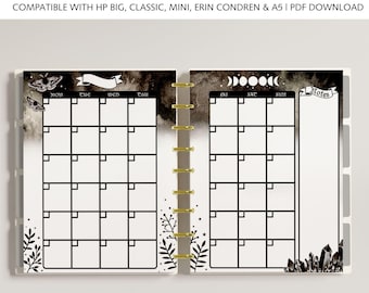 MONTHLY Printable Planner Inserts fits Happy Planner Classic, Big, Mini, Erin Condren and A5 Sizes, Moon Phases and Stars, Gothic Aesthetic