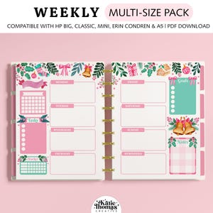 Insertos de planificador SEMANAL compatibles con Happy Planner Classic, Big & Mini, Erin Condren y planificadores de tamaño A5, temporada rosa Navidad vacaciones