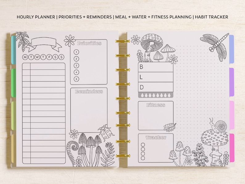 May include: A disc-bound planner spread featuring an hourly planner, priorities, reminders, meal, water, and fitness planning, and a habit tracker. The pages include black and white line art of mushrooms, a dragonfly, a snail, and flowers.