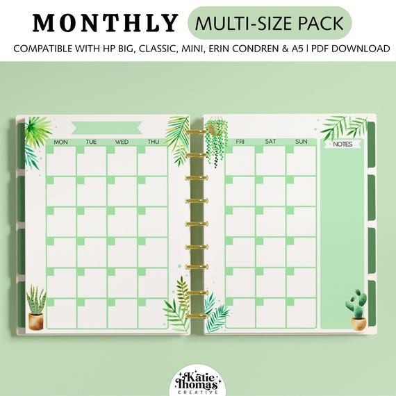 MONTHLY Printable Planner Inserts fits Happy Planner Classic, Big, Mini, Erin Condren and A5 Sizes, Plant Lady, Plant Aesthetic
