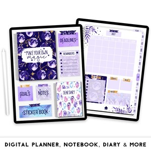 May include: Digital planner with a purple and blue celestial theme. Includes a notebook with a moon and star design, sticky notes for deadlines and reminders, and a "Dear Diary" section. The planner also has a calendar for July.