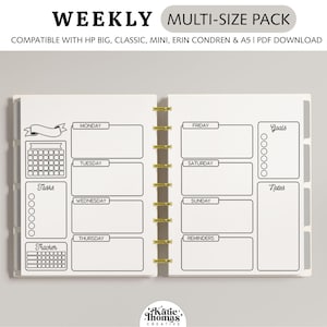 WEEKLY HORIZONTAL Minimalist Planner Inserts fits Happy Planner Classic, Big & Mini, Erin Condren and A5 Size Planners