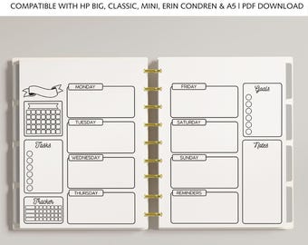 May include: A weekly planner insert with black lines on white paper, featuring sections for Monday through Sunday, tasks, a tracker, goals, and notes. The text reads WEEKLY MULTI-SIZE PACK COMPATIBLE WITH HP BIG, CLASSIC, MINI, ERIN CONDREN & A5 | PDF DOWNLOAD.