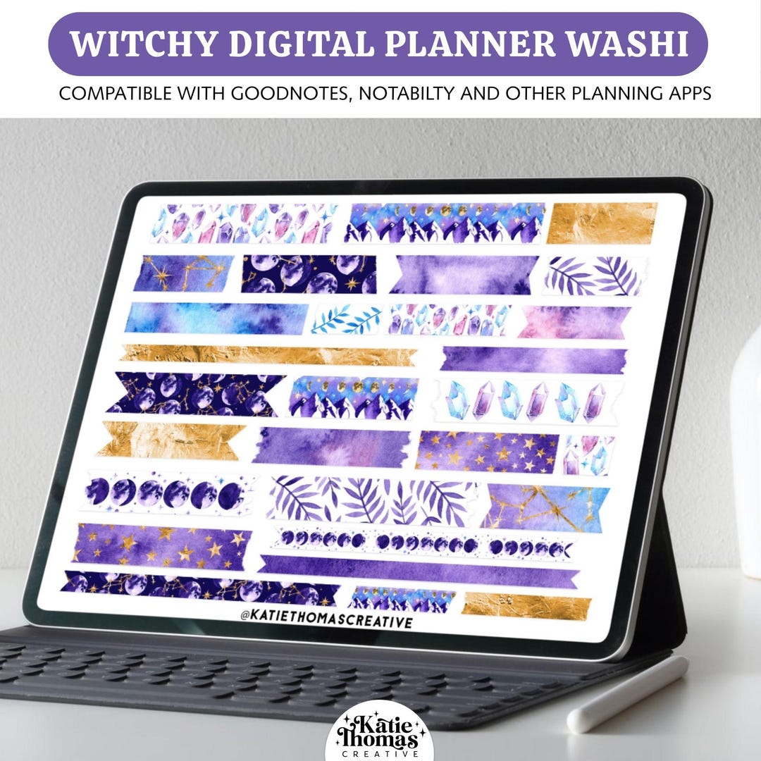 Moon and Stars Digital Planner Stickers, Watercolor Washi Tape Set, PNG ...