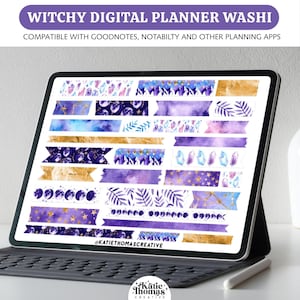 Mond und Sterne Digitale Aufkleber, Aquarell Washi Tape Set, PNG Aufkleber und PreCropped Aufkleber für Goodnotes, Lila Aufkleber