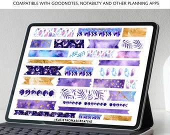 Moon and Stars Digital Planner Stickers, Watercolor Washi Tape Set, PNG Stickers and PreCropped Stickers for Goodnotes, Purple Stickers