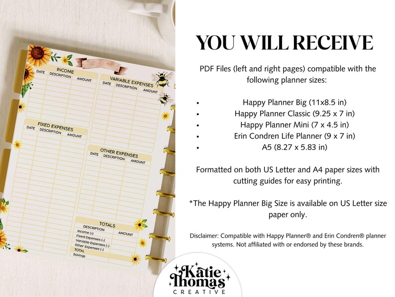 Financial Planner Printable – Sunflower Budget Inserts fits A5 & Happy Planner Classic, Big and Mini image 5