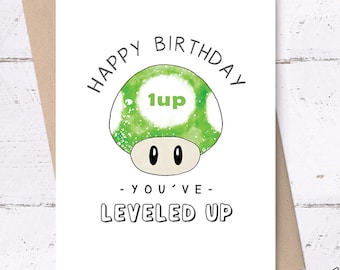 Happy Birthday, Green Level Up Mushroom Card • birthday cards for gamers, printable birthday cards, super mario bros cards, mario mushroom