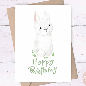 Hoppy Geburtstag, Hase Karte • alles Gute zum Geburtstag, süße Karten, niedliche Glückwunschkarten, Frühlingsgeburtstagskarte, kleine Mädchen Geburtstagskarte