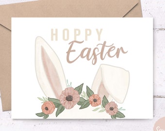 Hoppy Easter, Easter Bunny Card • printable card, floral illustrated card, floral Easter card, Easter card with flowers, bunny Easter card