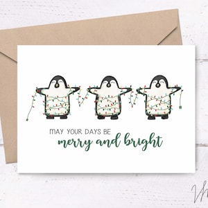 Merry & Bright Christmas Card • printable Christmas card, penguin christmas card, cute christmas light card, printable penguin cards