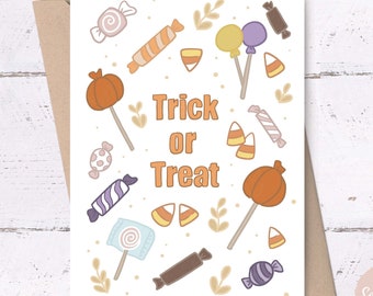Trick or Treat Card • Halloween card, fall greeting card, printable cards for halloween, halloween candy card, cute printable cards
