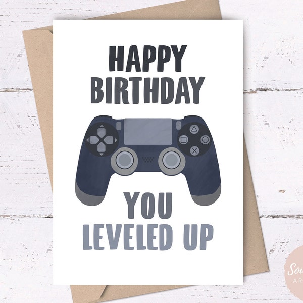 Happy Birthday, You Leveled Up Card • printable birthday card for gamers, PS4 controller birthday card, gamer birthday card, video game card