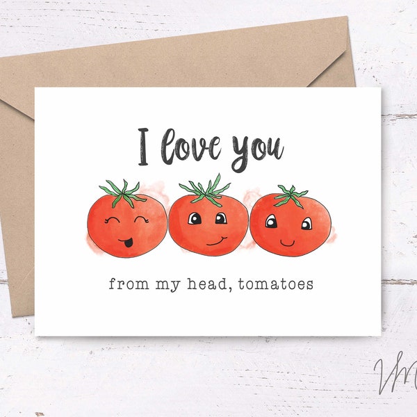 I love you Tomato card • puny printable cards, cute vegetable cards, valentines day card, greeting card, garden inspired card