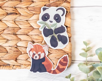 PANDA STICKERS • waterproof stickers, red panda sticker, panda bear with bamboo sticker, journal stickers, baby bear stickers