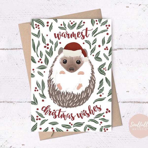 Hedgehog Christmas Card • warm christmas wishes, printable christmas card, cute christmas card, hedgehog card, christmas card with holly