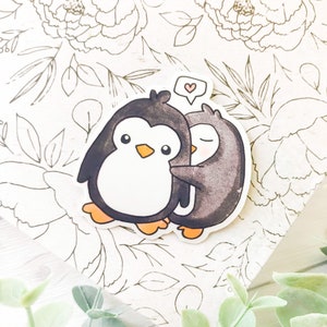 AUTOCOLLANT SNUGGLING PINGOUINS • autocollants imperméables, autocollants pingouin, autocollants d'hiver, autocollants pour bouteilles d'eau, autocollants animaux pour ordinateur portable