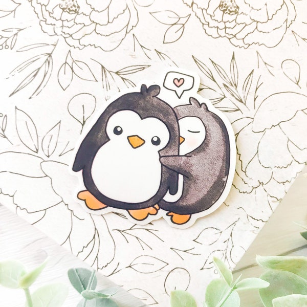 SNUGGLING PENGUINS STICKER • waterproof stickers, penguin stickers, winter stickers, stickers for water bottles, animal laptop stickers