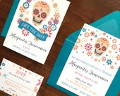 Sugar Skull Day of the Dead Mexican Fiesta Theme Wedding Invitation Quinceanera Sweet Sixteen Birthday XV Save the Date Cumpleaños Invite