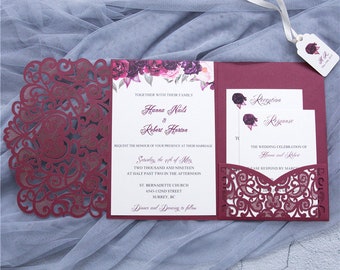 burgundy tri fold pocket wedding invitation rsvp card quinceanera invitation