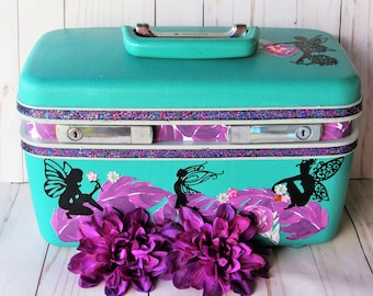 Upcycled Vintage Girl's Fairy Train Case, Vintage Train Case, Fairy Cosmetic Case