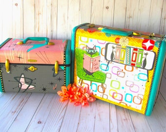 Vintage Upcycled Mid Century Luggage Set, Mid Century Suitcase and Train Case, Mid Century Gift