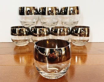 Vintage Roly Poly Glasses | 8 Mid Century Rocks Glasses | Silver Rim Cocktail Glasses | Retro Barware | Bartender Gift