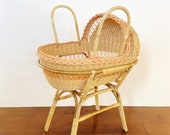Vintage Wicker Rattan Doll Bassinet with Stand Boho Doll Bed Toy Crib or Cradle