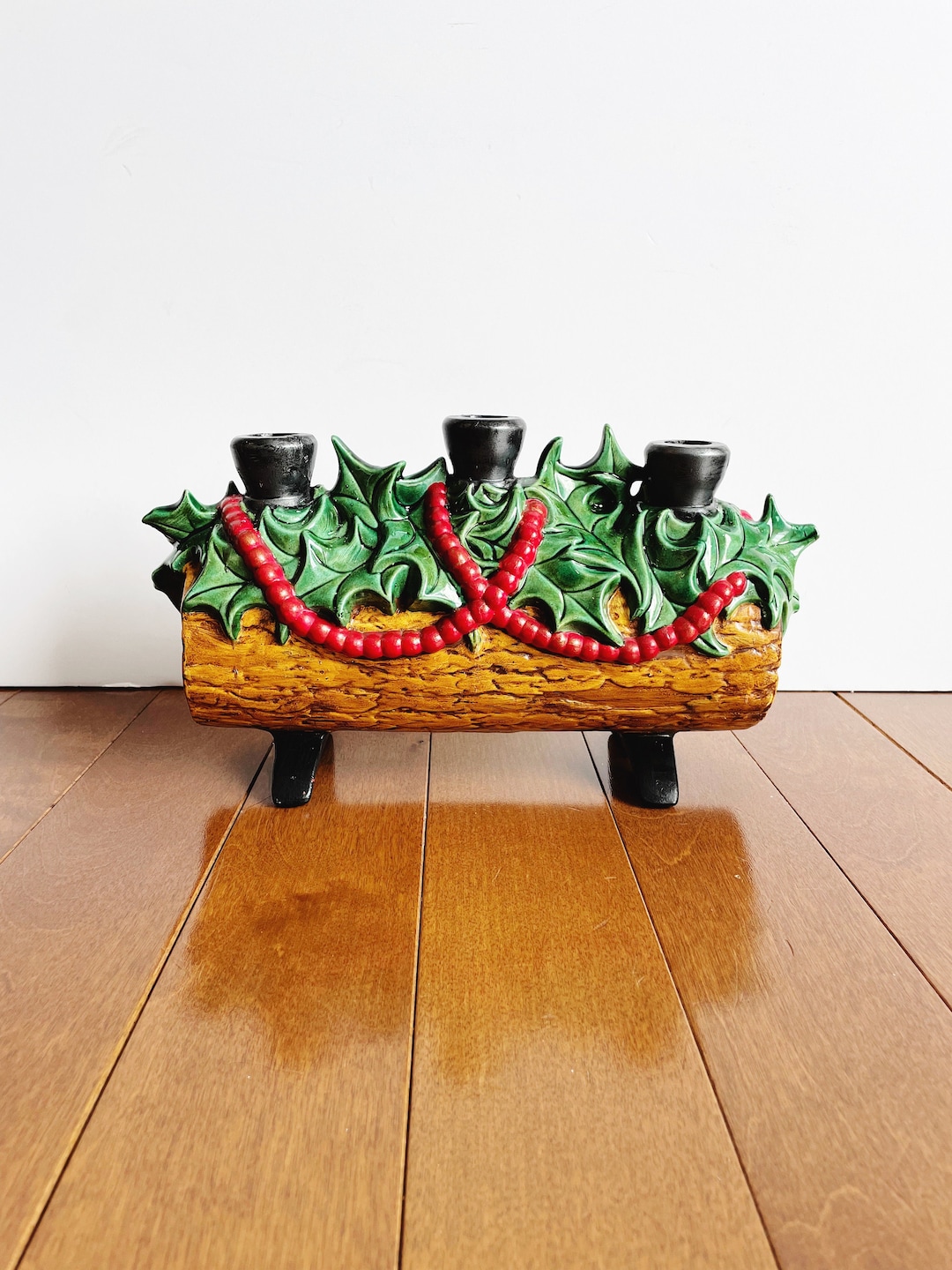 Vintage Christmas Yule Log Candle Holder Studio Pottery Holiday Decor