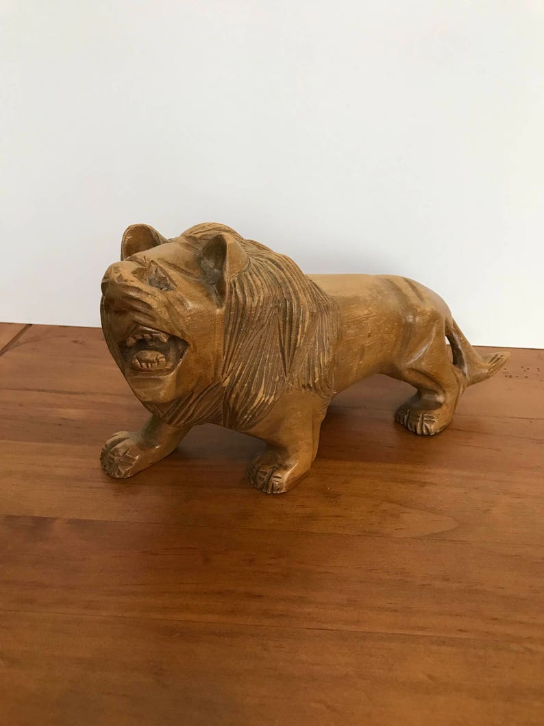 Vintage Hand Carved Wood Lion / Wooden Lion Statue / Figurine Etsy
