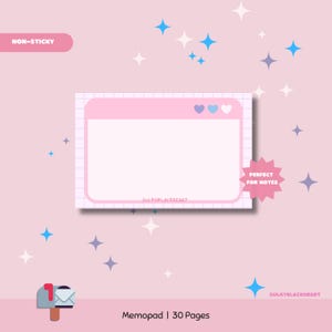 Puede incluir: Un bloc de notas rosa no adhesivo con un patrón de cuadrícula y un diseño de ventana, con tres iconos de corazón. El bloc de notas tiene 30 páginas y está etiquetado como "Perfect for Notes". El fondo es rosa claro con acentos de estrellas azules y blancas.