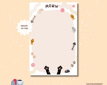 May include: A white notepad with a pink background, decorated with cat paws, fish bones, and a mouse illustration. The word "MEOW" is at the top, with the text "MAILED TO YOU" on a starburst. The notepad measures 14 x 21.6 cm and contains 50 sheets.