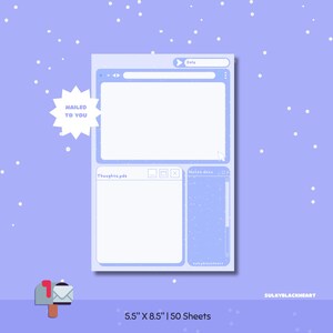 May include: A light blue notepad with a computer interface design. The notepad has a large blank space, a smaller section labeled "Thoughts.pdf", and a section labeled "Notes deck". The notepad is 5.5" x 8.5" and has "50 Sheets". The text "MAILED TO YOU" is on a star-shaped sticker.