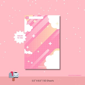 May include: A pink notepad with a grid pattern, diagonal stripes, and cloud and plus sign graphics. The notepad has a search bar graphic at the top and text that reads "MAILED TO YOU". The notepad measures 14 x 21.6 cm and contains 50 sheets.