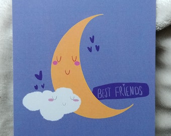 Moon & Clouds Best Friends Art Print Postcard Gift