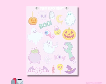 以下が含まれることがあります： ハロウィーンをテーマにしたイラストが描かれた、薄いピンク色の背景のステッカーシート。ステッカーには、幽霊、カボチャ、コウモリ、魔女の帽子が含まれています。シートのサイズは11.4 x 15.2 cmです。