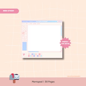 May include: A pastel-colored memopad with a computer-window design, featuring the text "SULKYBLACKHEART." The notepad has a pink, blue, and white color scheme, with the words "PERFECT FOR NOTES" on a starburst. The memopad has 30 pages.