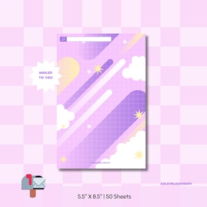 May include: A lilac and white notepad with a grid pattern, featuring a search bar, clouds, stars, and the text "MAILED TO YOU." The notepad measures 14 cm x 22 cm and contains 50 sheets. The design includes the text "sulyblackheart."