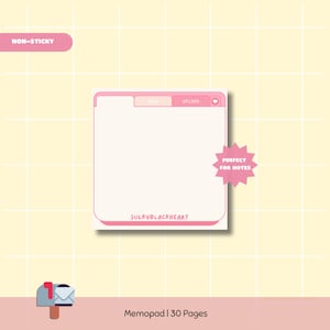 Puede incluir: Un bloc de notas rosa y blanco con un diseño cuadrado. El bloc de notas tiene un borde rosa y las palabras "SAVE" y "UPLOAD" son visibles. El texto "SULKYBLACKHEART" está en la parte inferior. El bloc de notas está etiquetado como "NON-STICKY" y "PERFECT FOR NOTES".